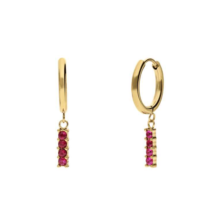 Stalen goldplated oorringen met hanger met rood zirkonia met zirkonia voor dames