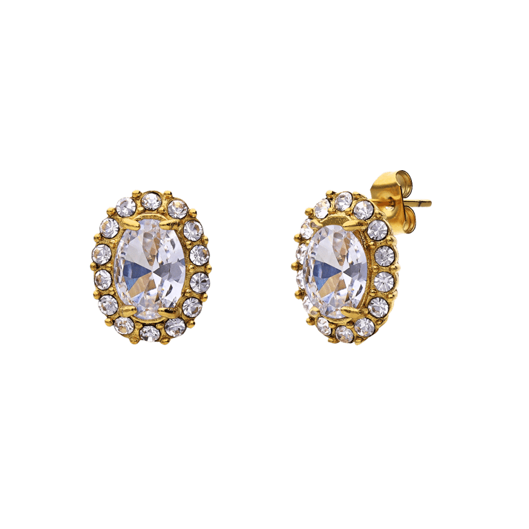 Stalen goldplated vintage oorbellen met wit zirkonia