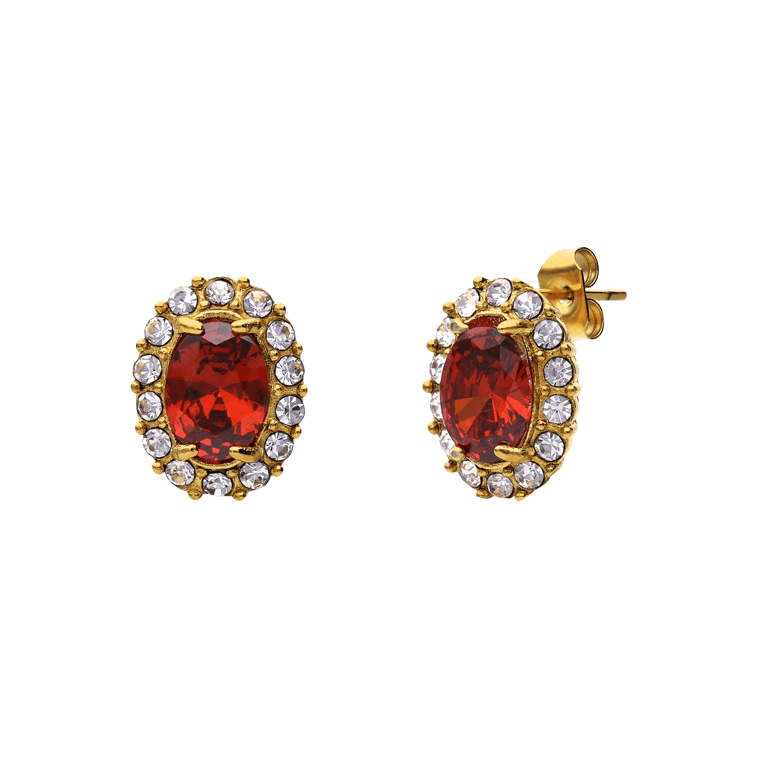 Stalen goldplated vintage oorbellen met rood zirkonia