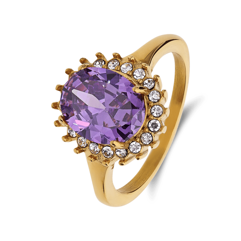 Stainless steel goldplated vintage ring met paars zirkonia