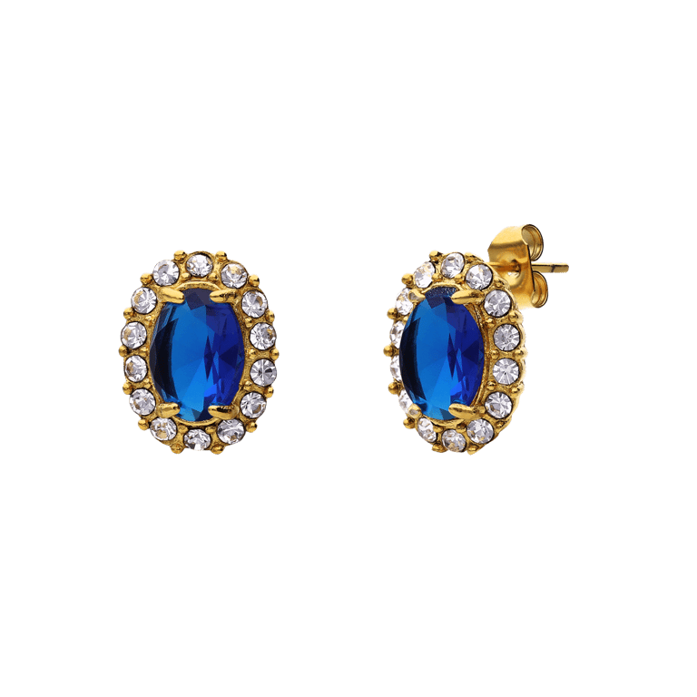 Stalen goldplated vintage oorbellen met blauw zirkonia