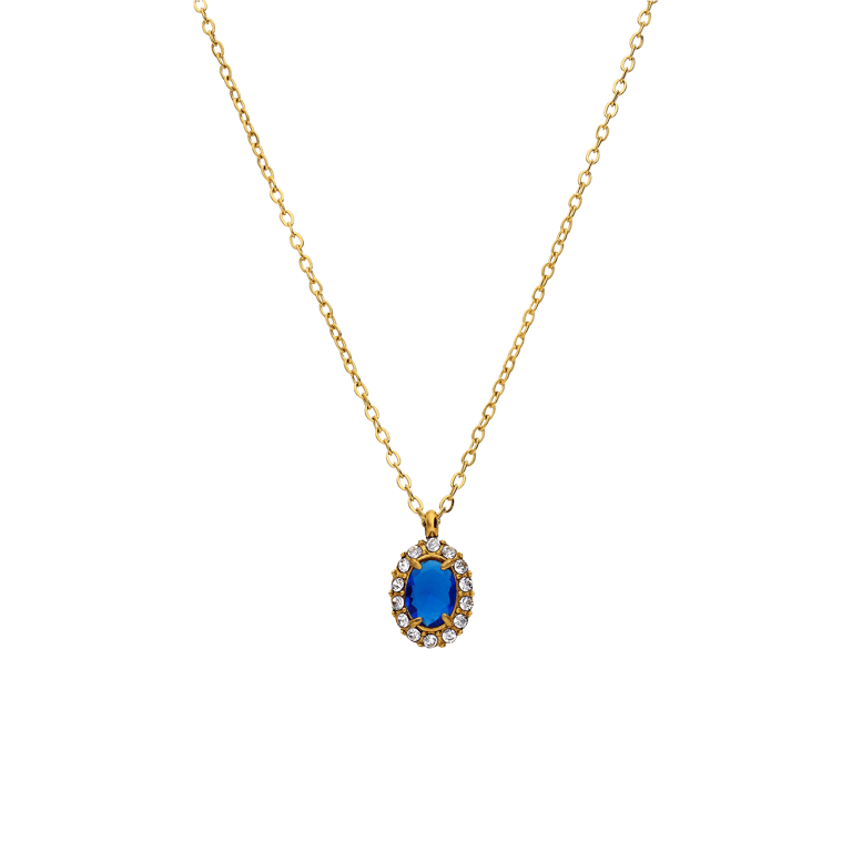 Stalen goldplated vintage ketting met blauw zirkonia