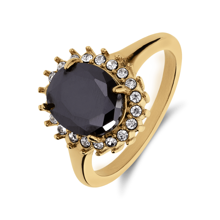 Stalen goldplated vintage ring met zwart zirkonia