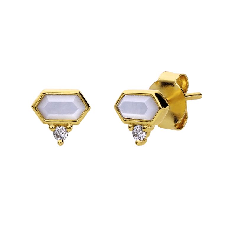 Zilveren goldplated oorknoppen hexagon met zirkonia voor dames