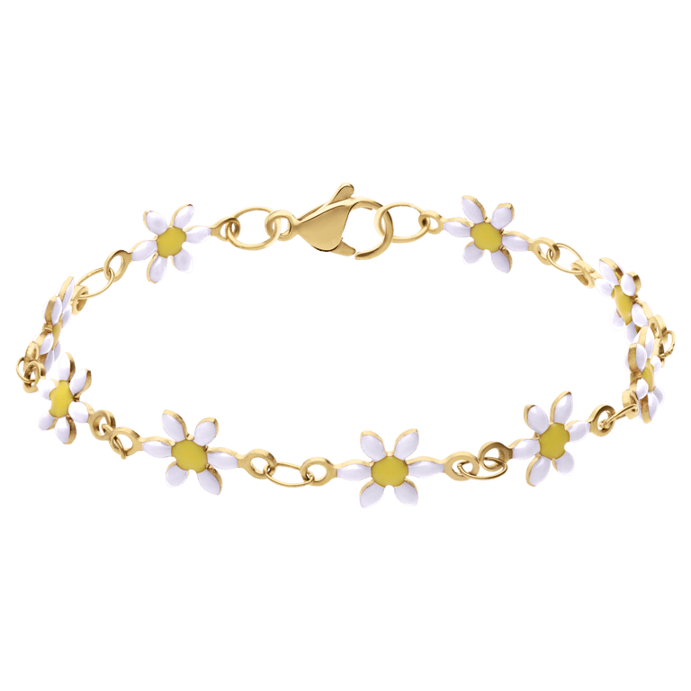 Stählernes, goldfarbenes Kinderarmband mit weißen Gänseblümchen