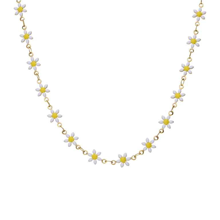 Stainless steel goudkleurige kinderketting met wit madeliefjes