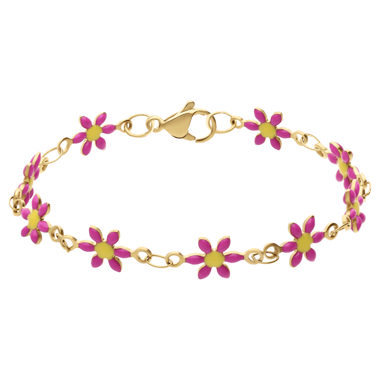 Stalen goudkleurige kinderarmband met roze madeliefjes