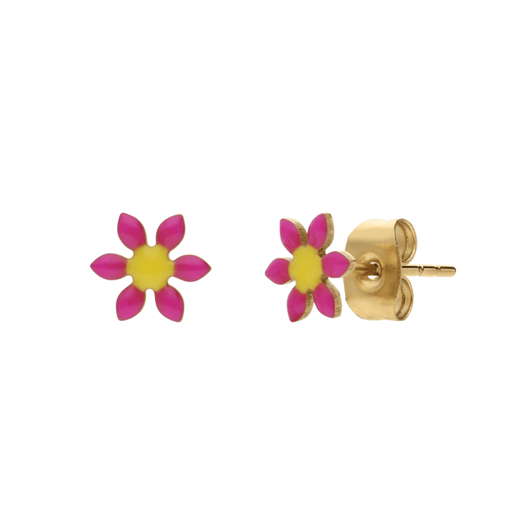 Stahlfarbene goldene Kinderohrringe mit rosa Gänseblümchen