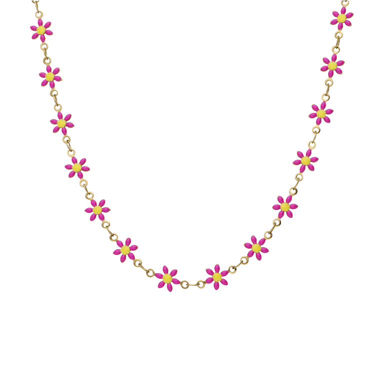 Stainless steel goudkleurige kinderketting met roze madeliefjes