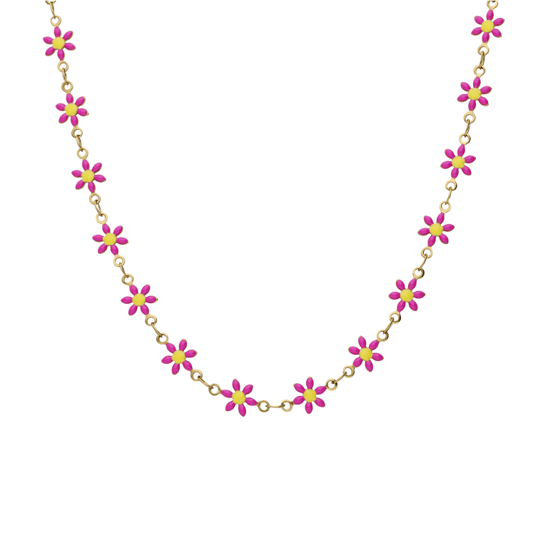 Stalen goudkleurige kinderketting met roze madeliefje