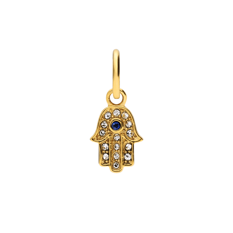 Stalen goldplated hanger hand van Fatima met zirkonia