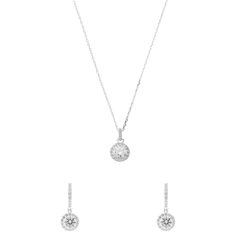 Silbernes Schmuckset mit Halskette und Anhänger sowie passenden Ohrringen mit Zirkonia für Damen