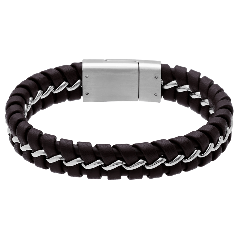 Stainless steel herenarmband gevlochten leer bruin