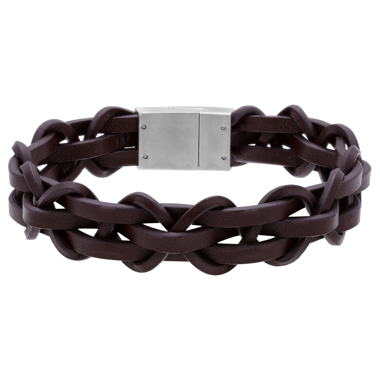 Stainless steel herenarmband gevlochten leer bruin