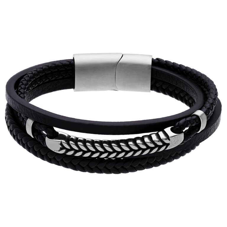 Stainless steel herenarmband gevlochten leer zwart