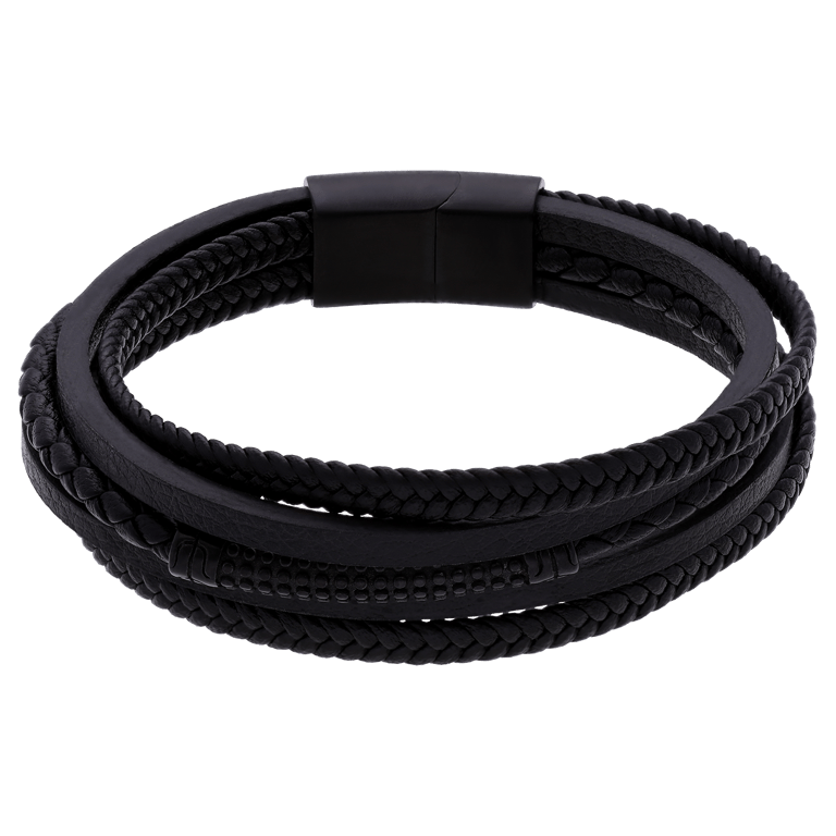 Stainless steel herenarmband gevlochten leer zwart