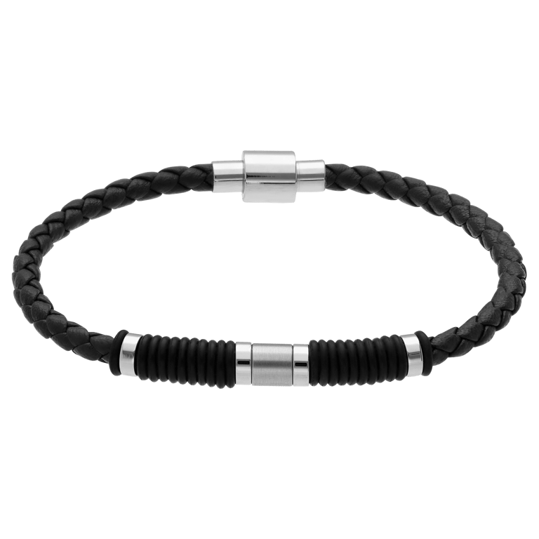 Edelstahl Herrenarmband aus geflochtenem schwarzem Leder