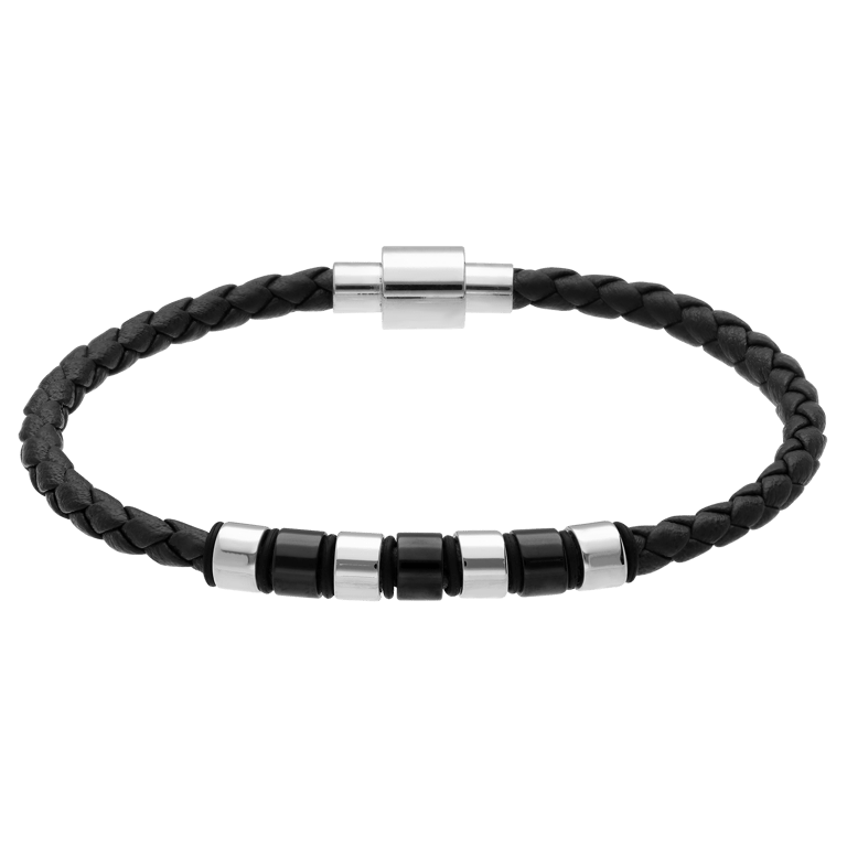Stainless steel herenarmband gevlochten leer zwart