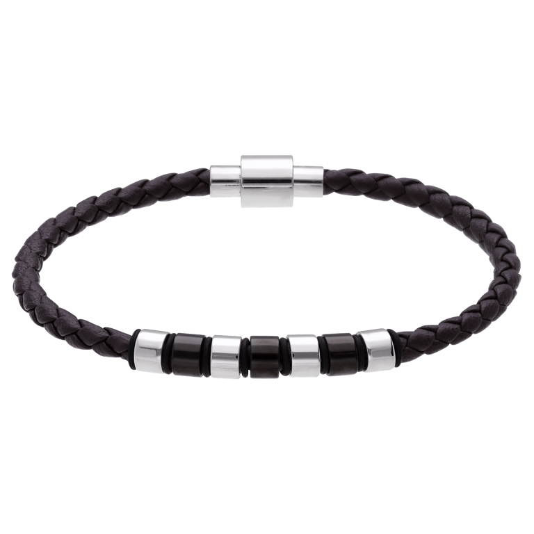 Edelstahl Herrenarmband mit geflochtenem braunem Leder