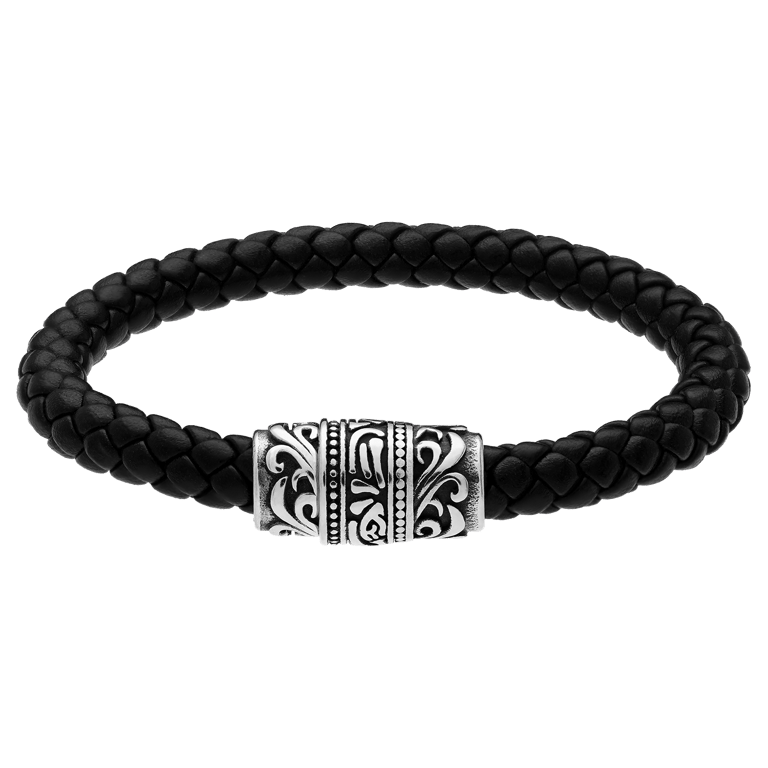 Edelstahl Herrenarmband mit geflochtenem schwarzem Leder