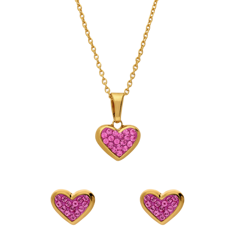 Zilveren goldplated kinderset hart met roze kristal