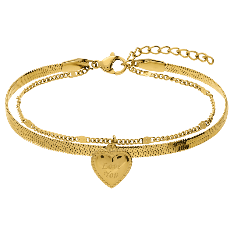 Dubbele armband van roestvrij staal met goudlaag en hartvormige hanger voor dames