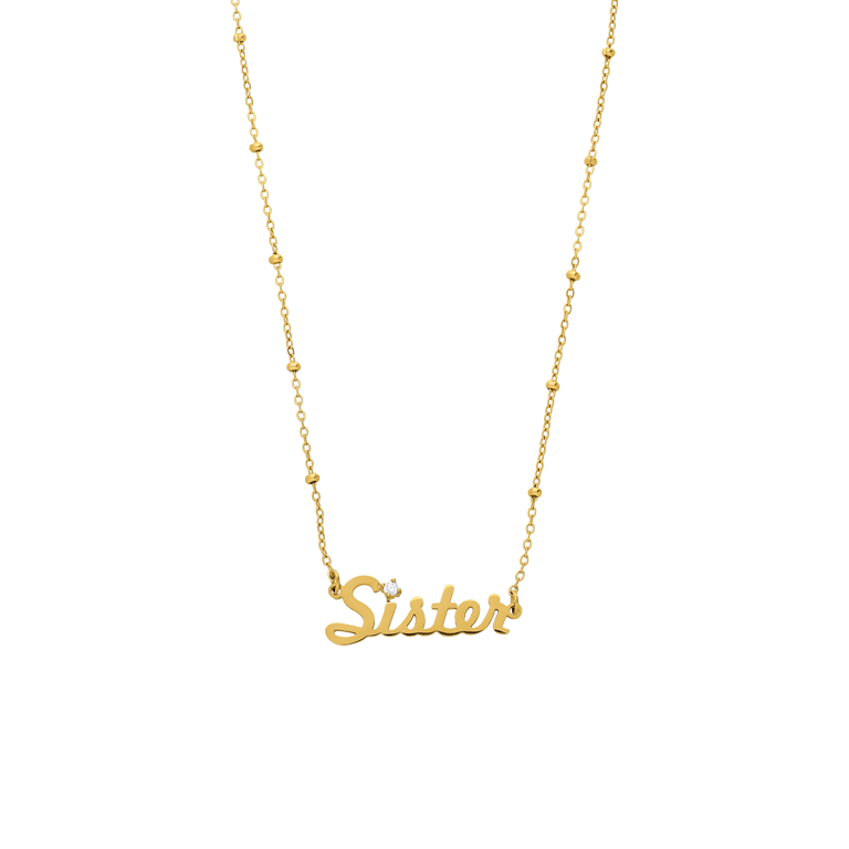 Stainless steel goldplated naamketting Sister met zirkonia voor dames
