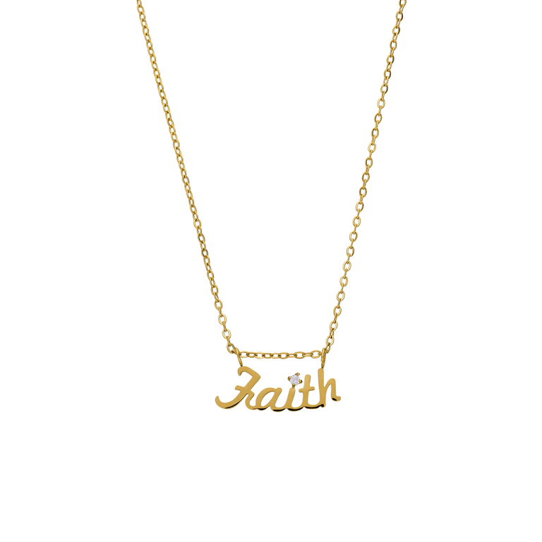 Roestvrijstalen goudvergulde ketting met letterhanger Faith met zirkonia voor dames