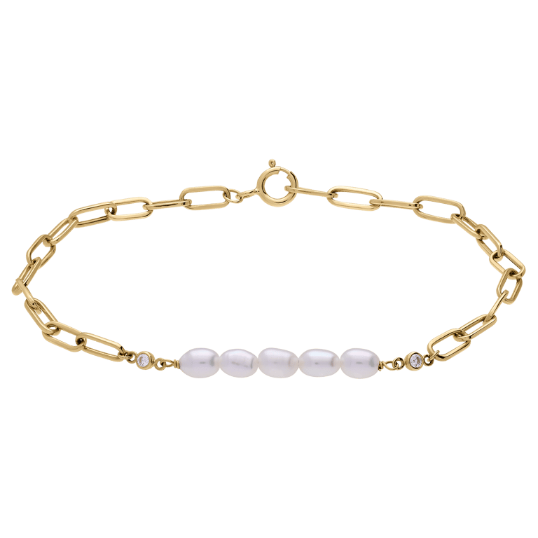 14 karaat gouden armband met zirkonia en zoetwaterparel