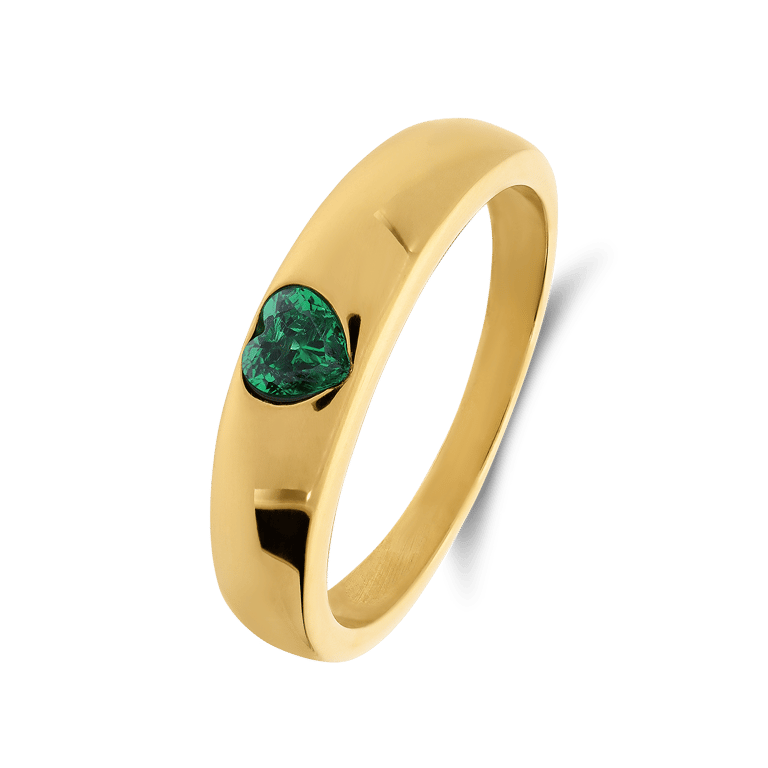 Stainless steel goldplated ring met een groen hartvormig zirkonia