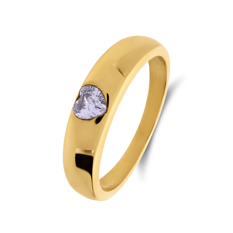 Edelstahlring mit Goldbeschichtung und einem weißen herzförmigen Zirkonia