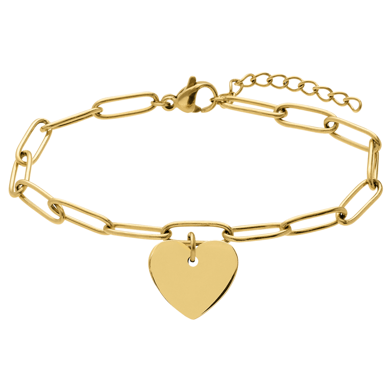 Stainless steel goldplated papercliparmband met plaathanger hart