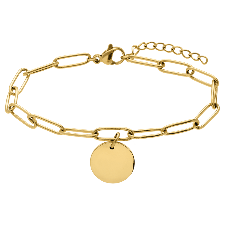Armband aus Edelstahl mit vergoldeter Büroklammer und runder Plattenanhänger