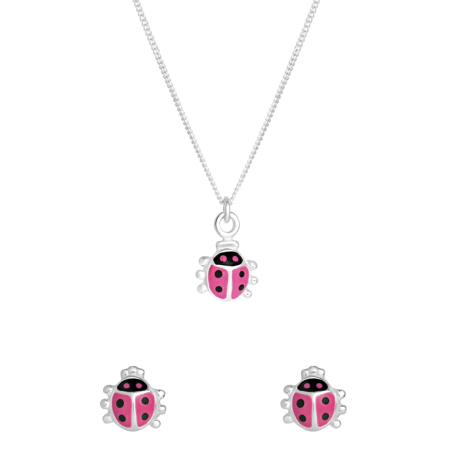 Zilveren set ketting en oorknoppen kever pink