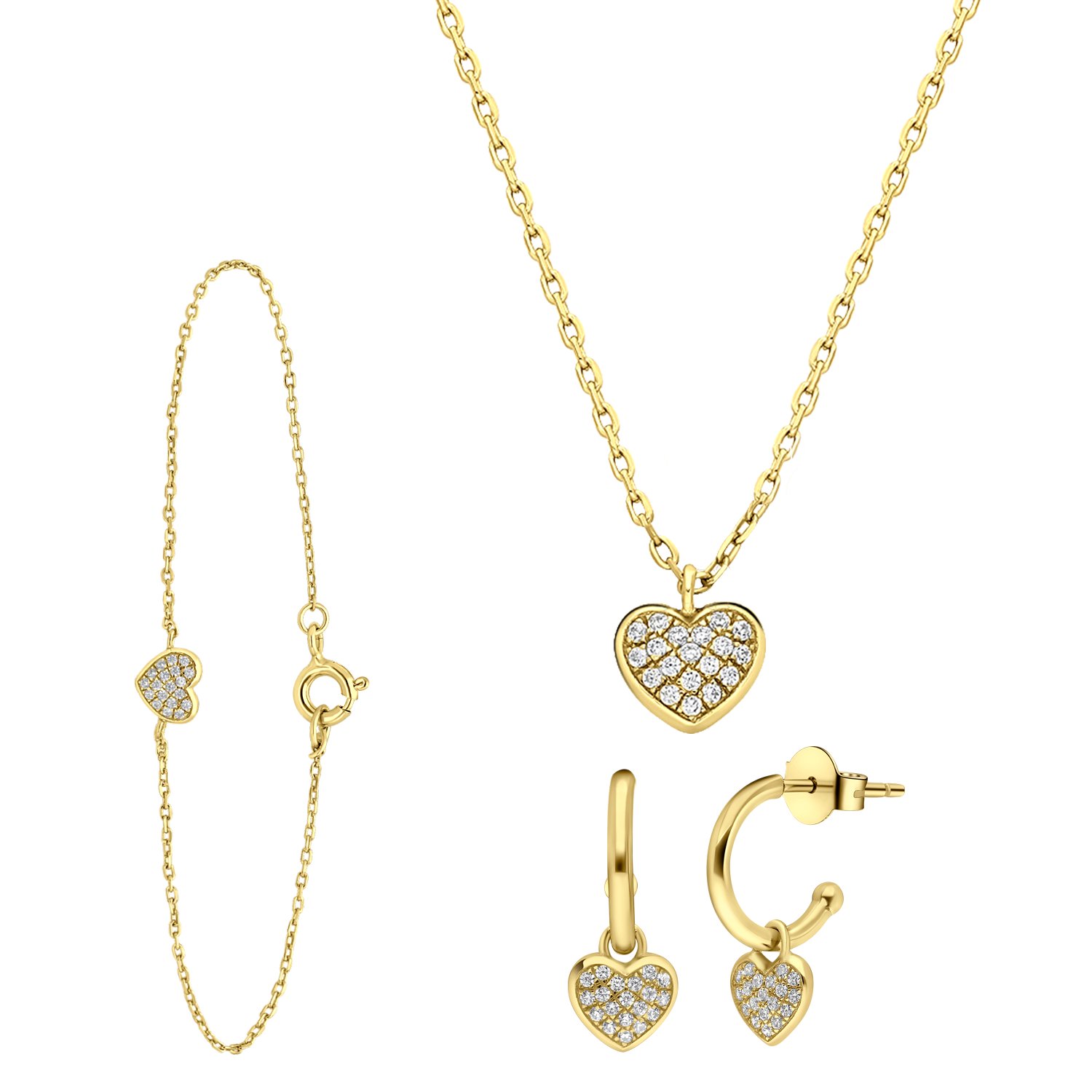 Zilveren goldplated set hart met zirkonia