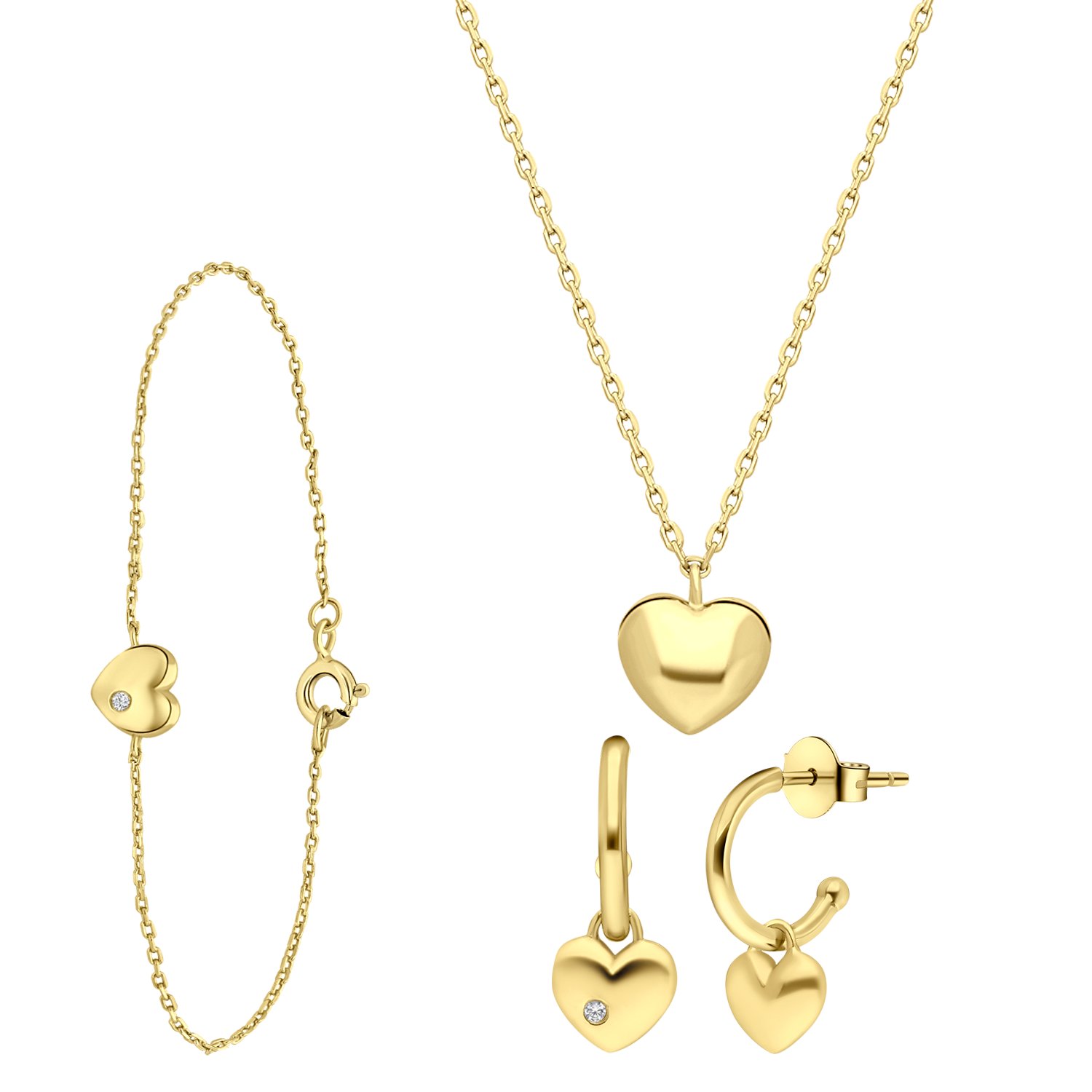 Zilveren goldplated set hart met zirkonia