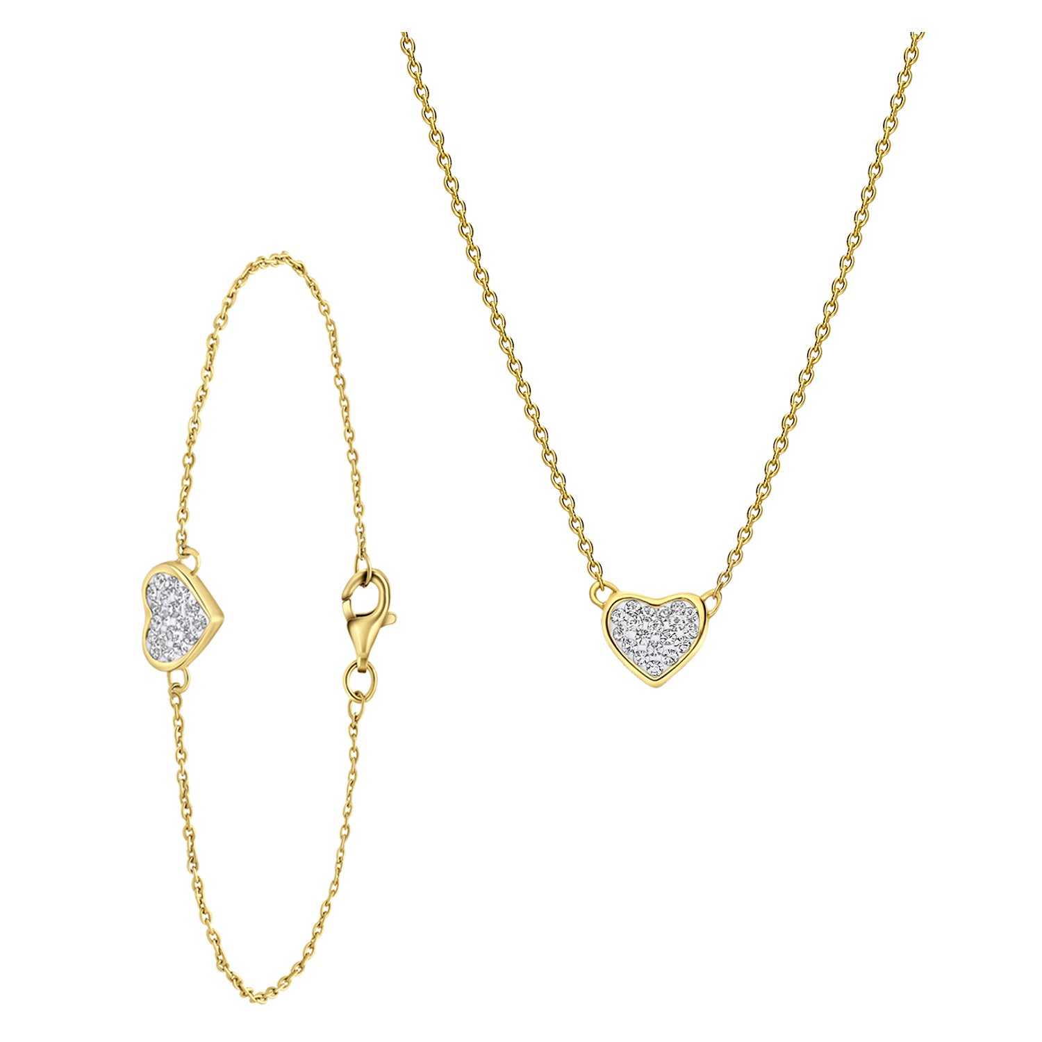 Zilveren goldplated set hart met kristal