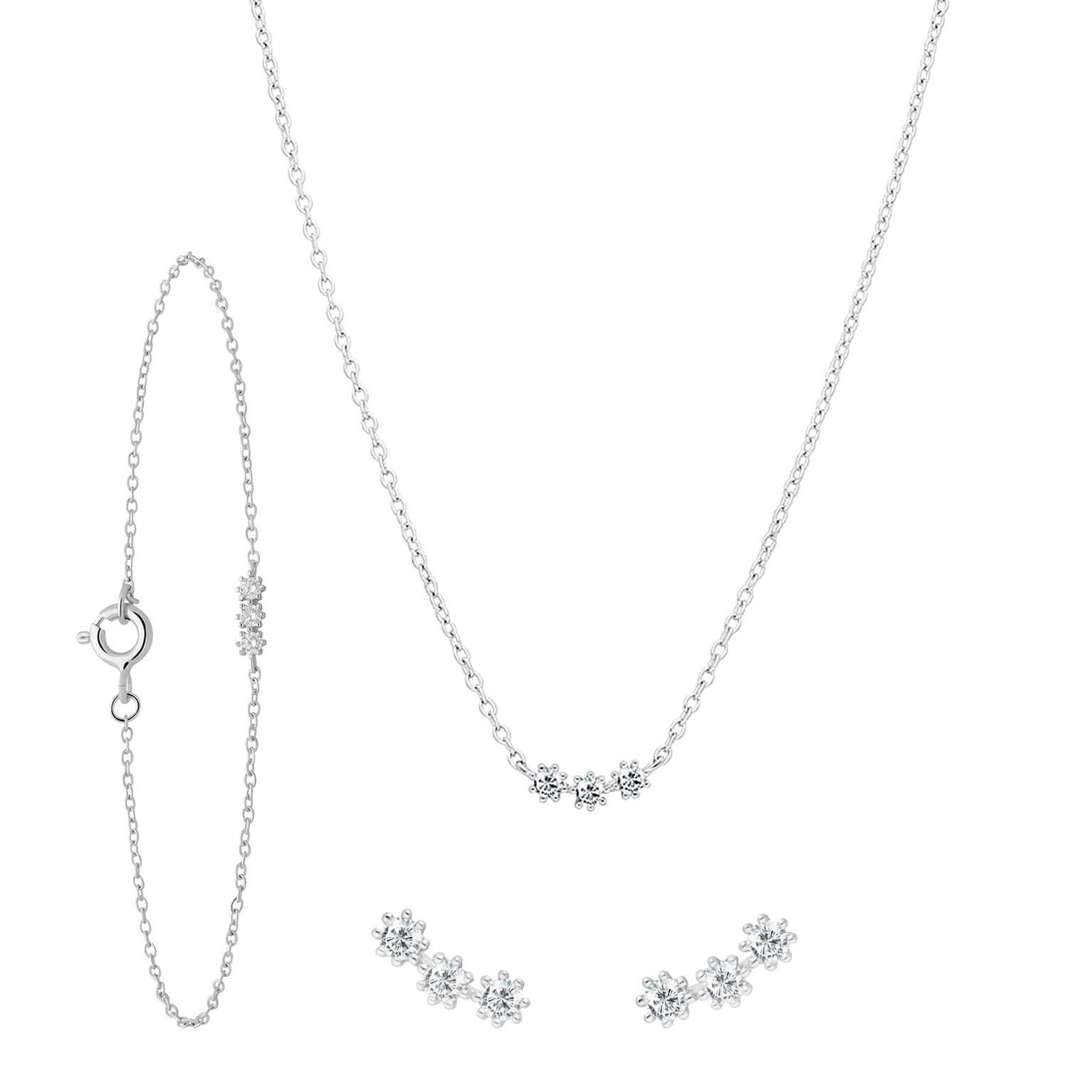 Zilveren set ketting, armband, oorbellen zirkonia