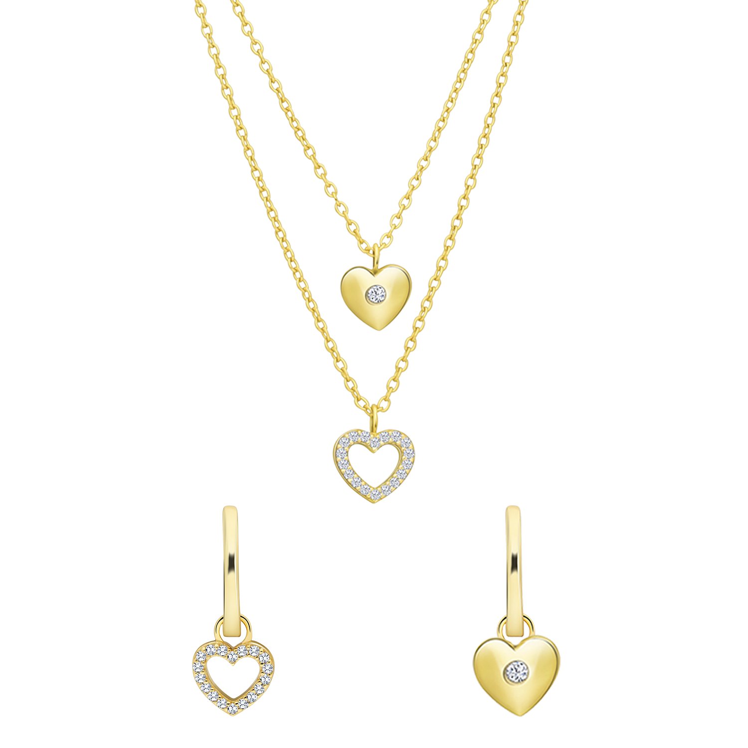 Zilveren goldplated set ketting en oorbellen hart