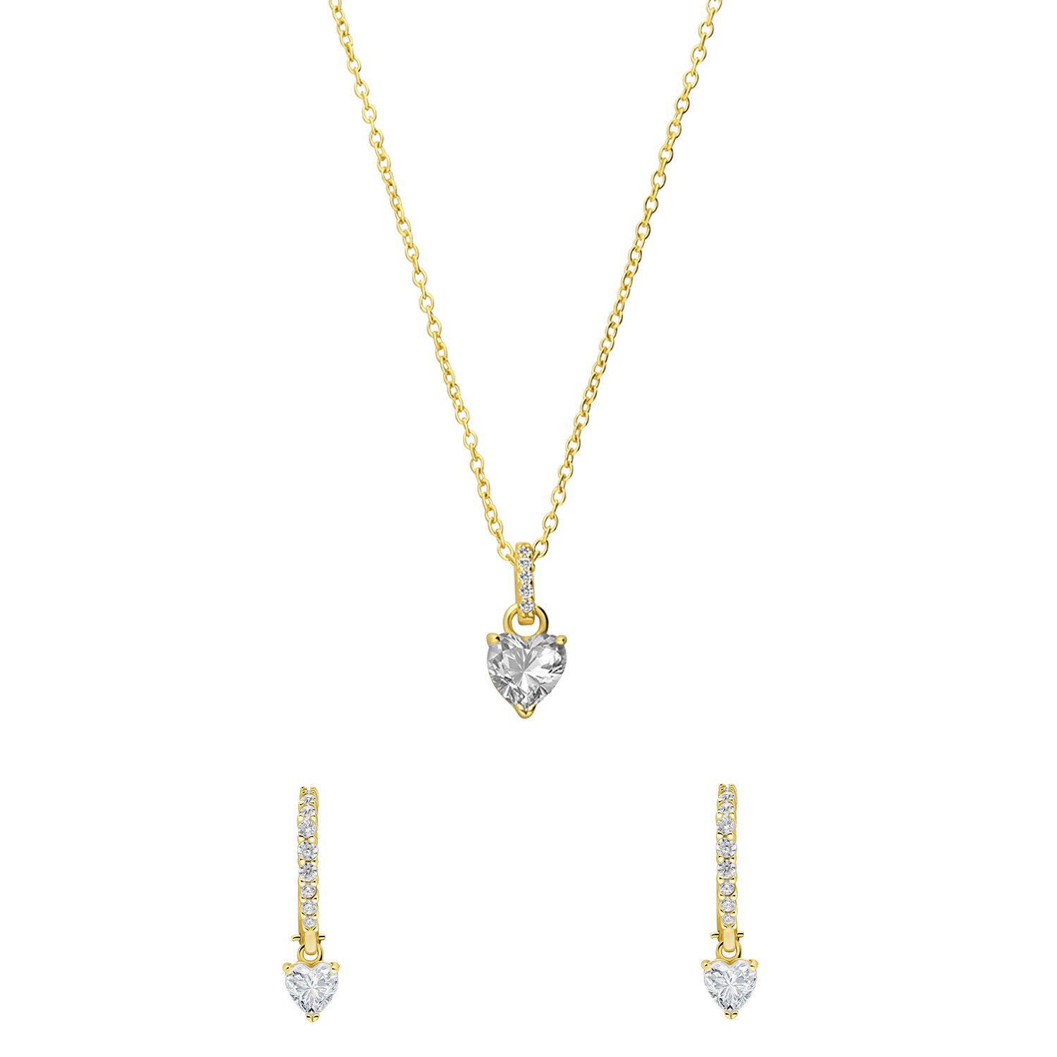 Zilveren goldplated sieradenset ketting en oorringen hart zirkonia