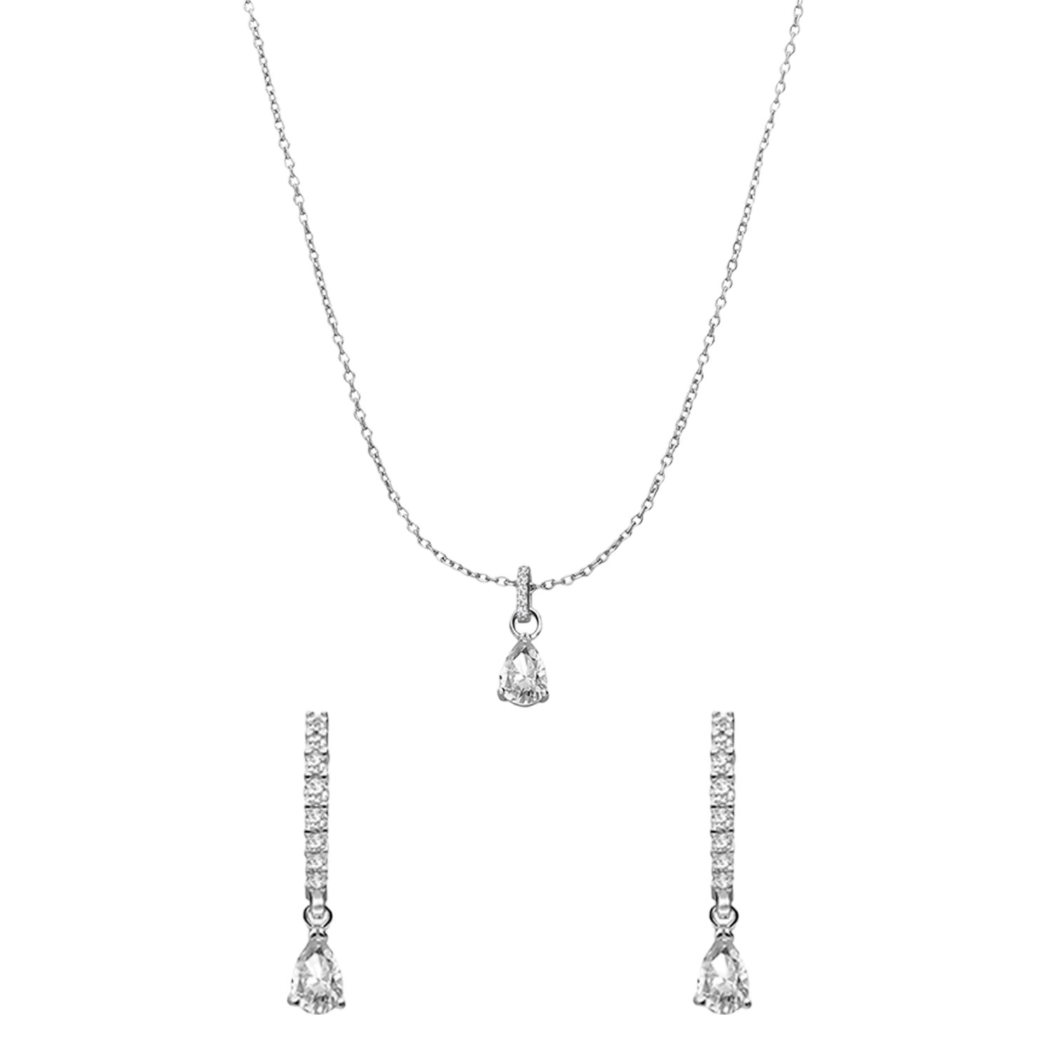 Zilveren set ketting en oorringen druppel zirkonia