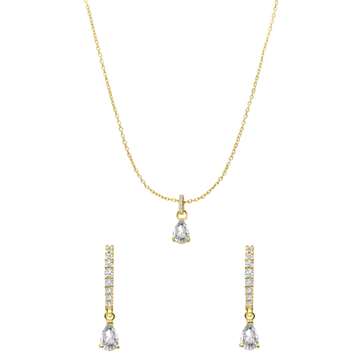 Zilveren goldplated set ketting en oorringen druppel zirkonia