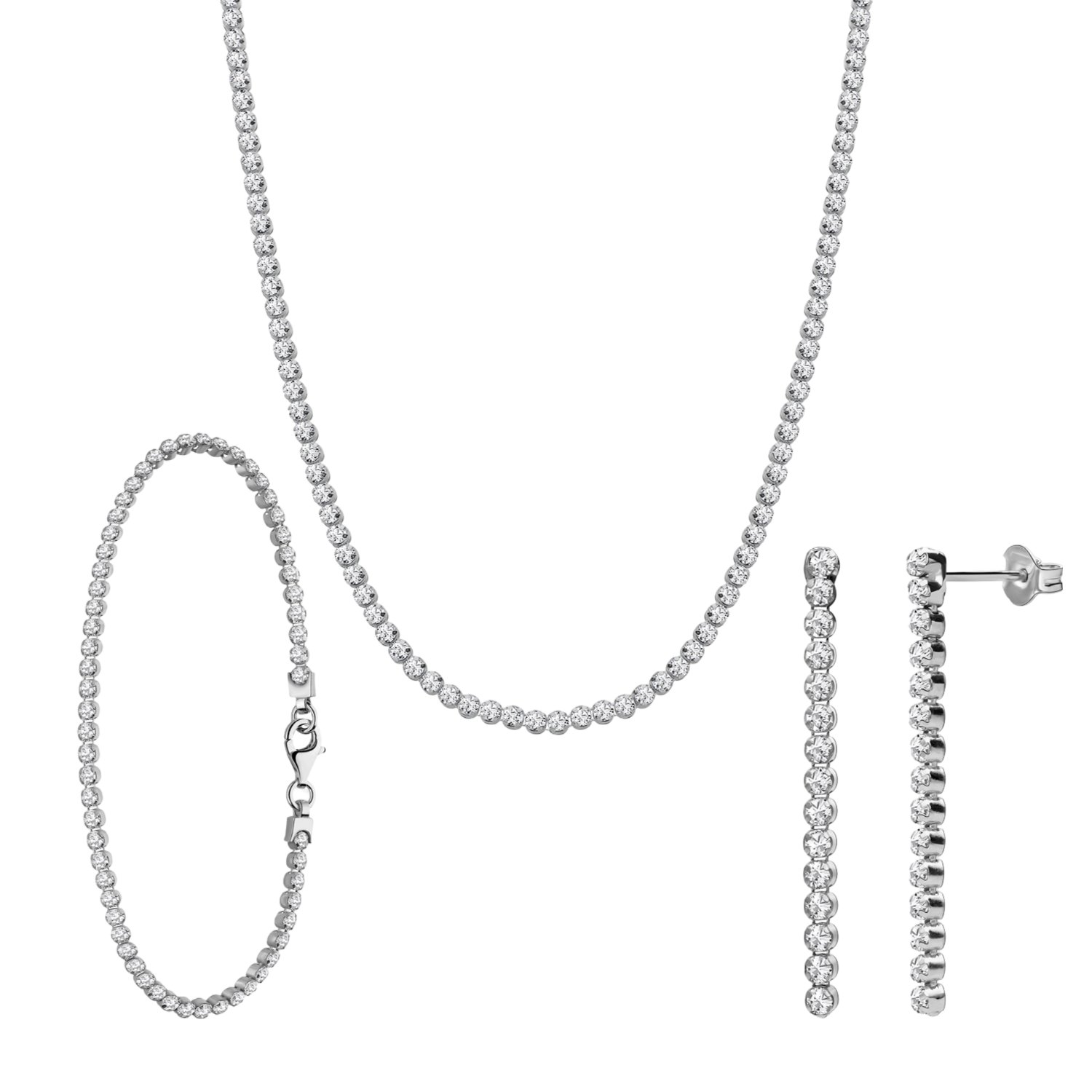 Zilveren set ketting, armband een oorknoppen zirkonia