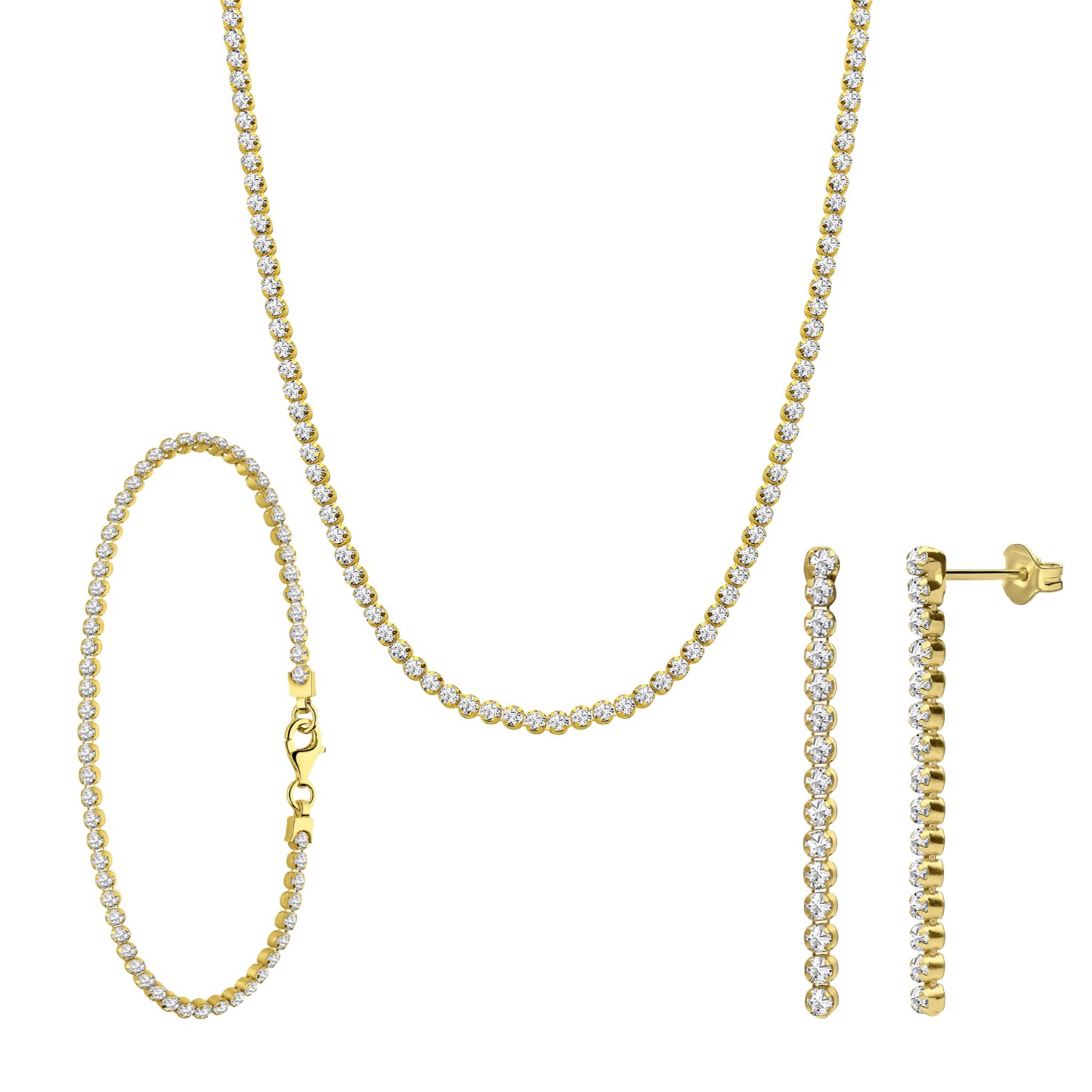 Zilveren goldplated set ketting, armband en oorknoppen zirkonia