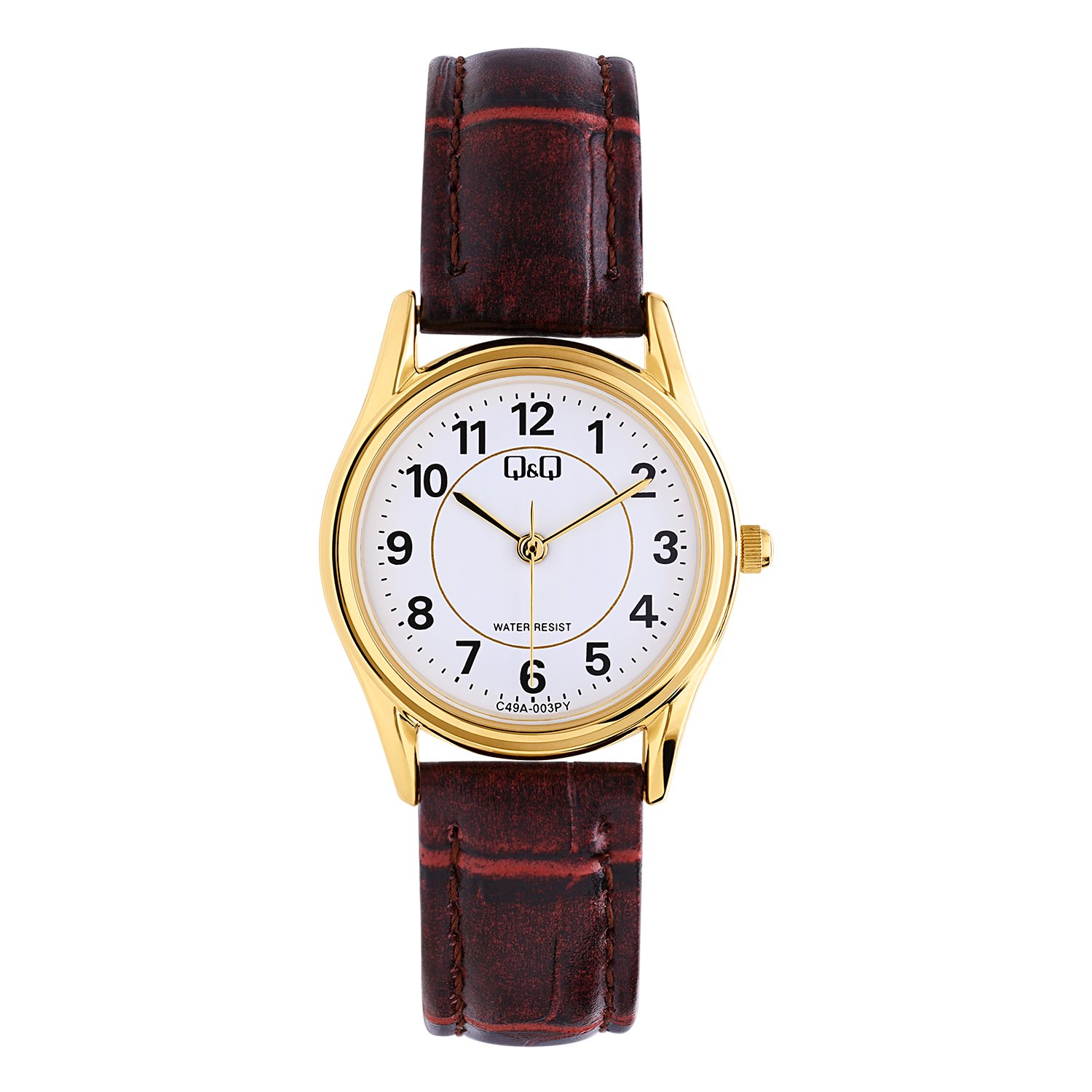 QQ dames horloge doublé met bruine leren band C49A-003PY