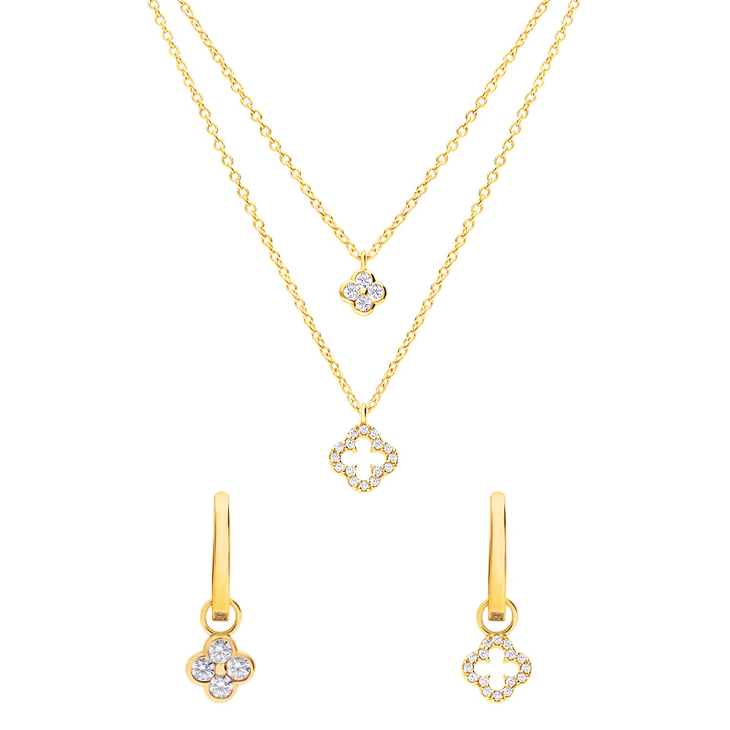 Zilveren goldplated set ketting en oorringen klaver zirkonia