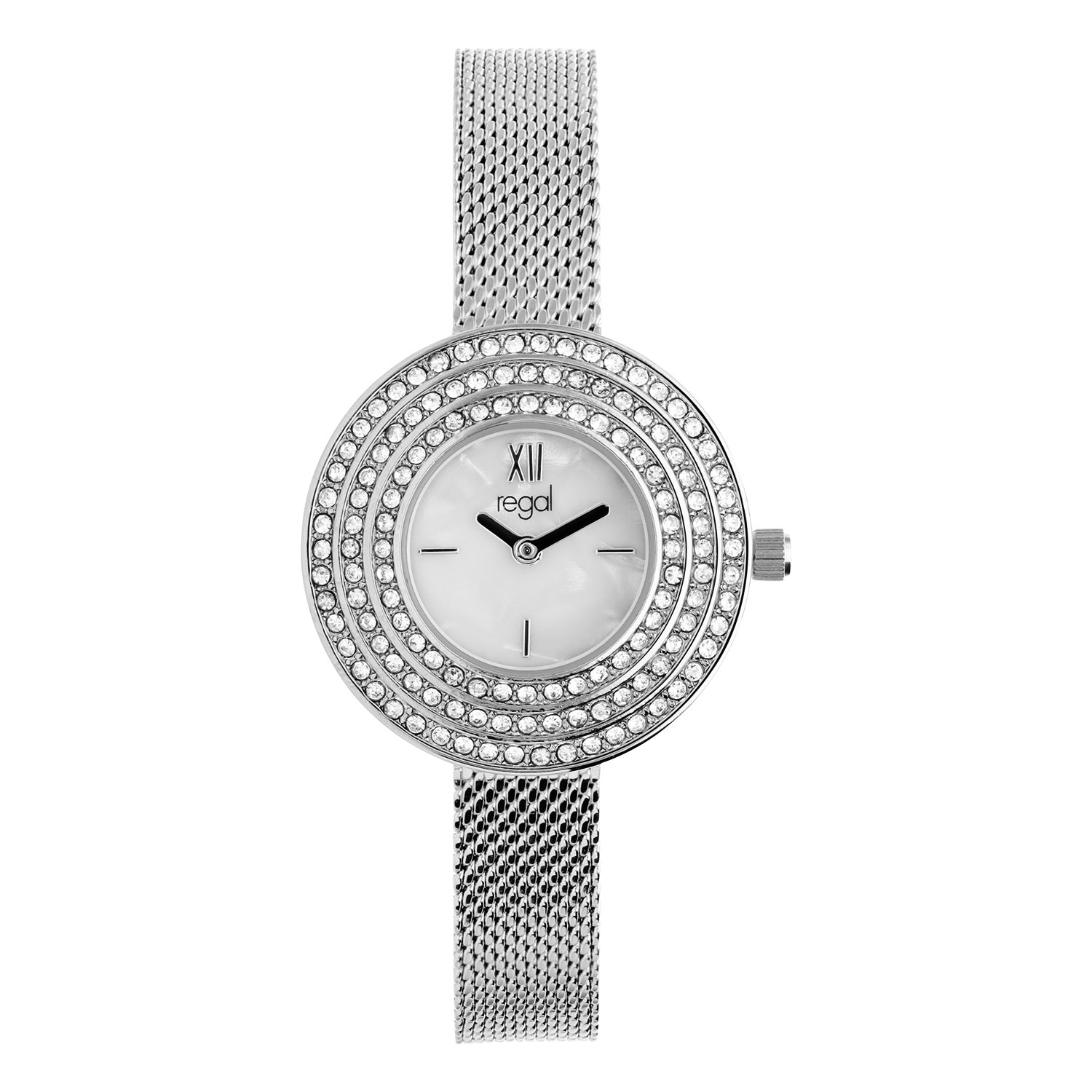 Regal dames horloge zilver, drie rijen zirkonia