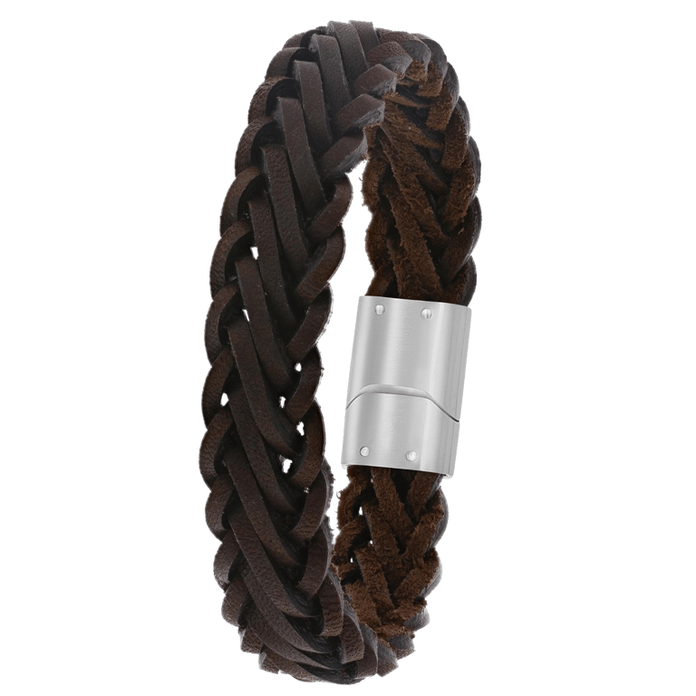 Stalen herenarmband met bruin leer