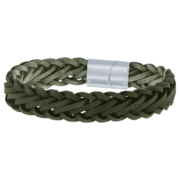 Stalen herenarmband gevlochten leer donker groen