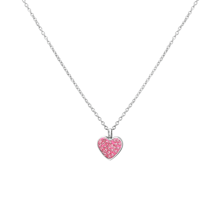 Gerecycleerd stalen kinderketting hart met roze kristal